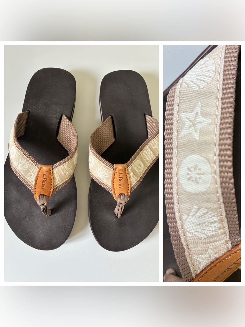 LL Bean Main Isle Flip Flops Size 8 Beige/Tan Sea Shell Print Straps Item 254868